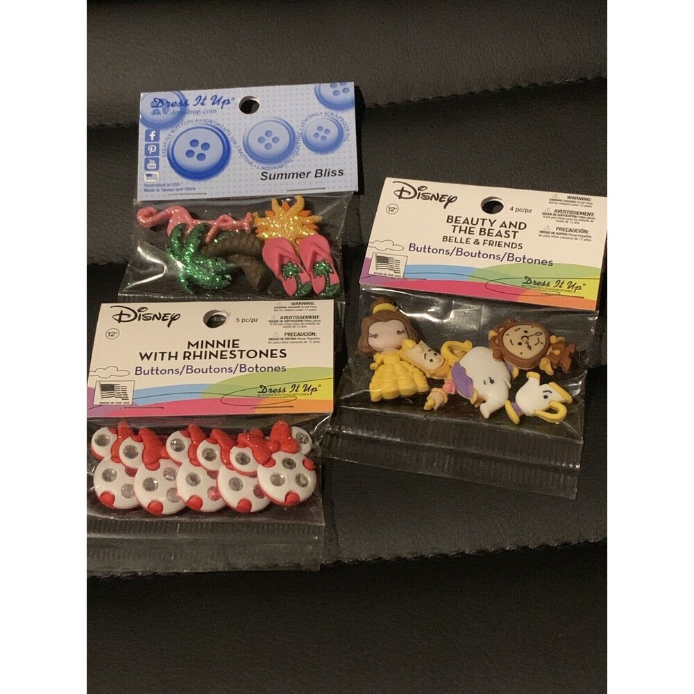 Dress It Up Buttons Summer Bliss, Disney Beauty And The Beast, Minnie Mouse, NEW